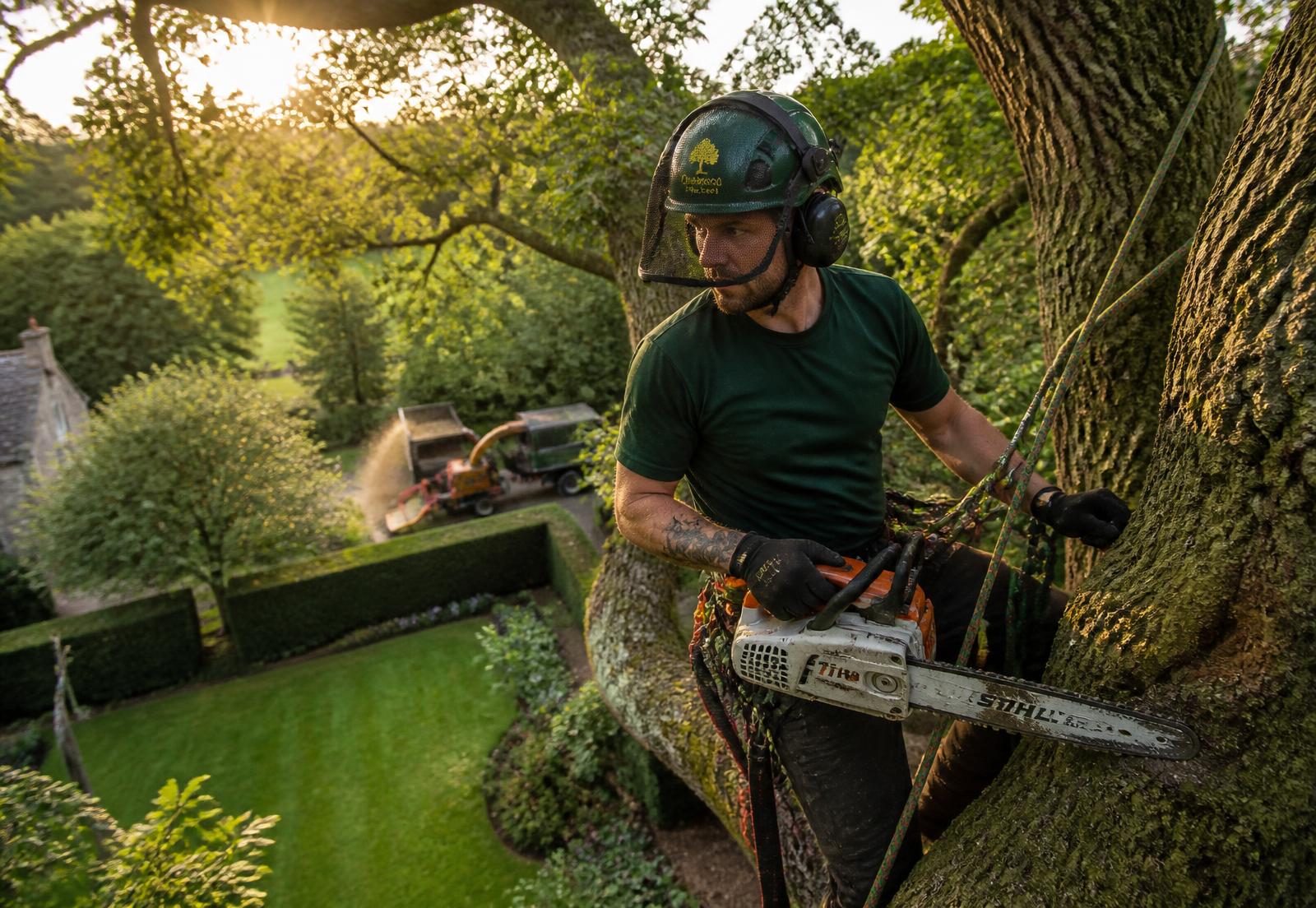 Tree surgeon at work high in a large oak tree above a tidy British garden